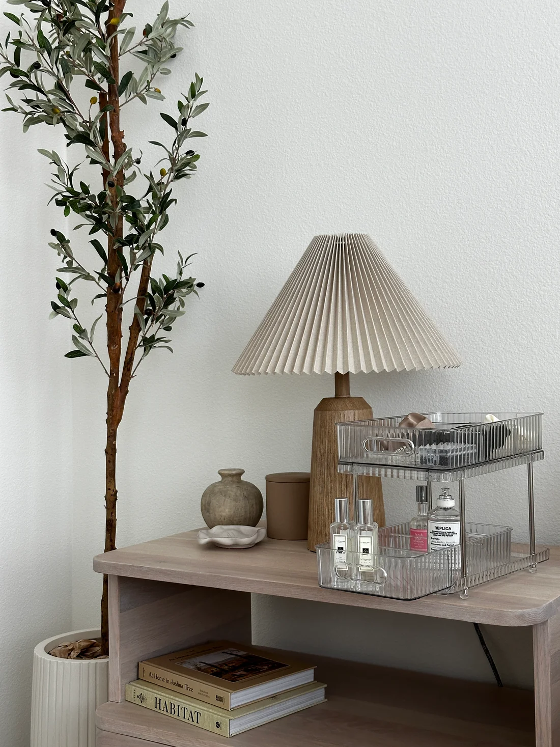Cosmetic organizer styled on a calm modern vanity