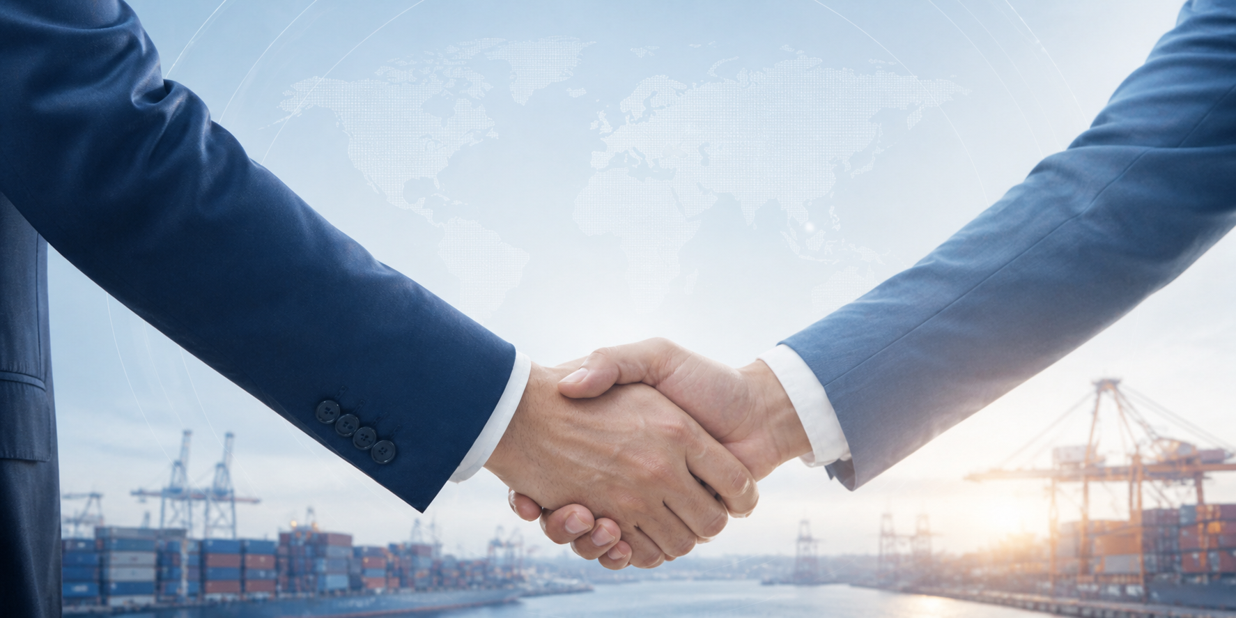 Global manufacturing partners shaking hands at an international logistics port