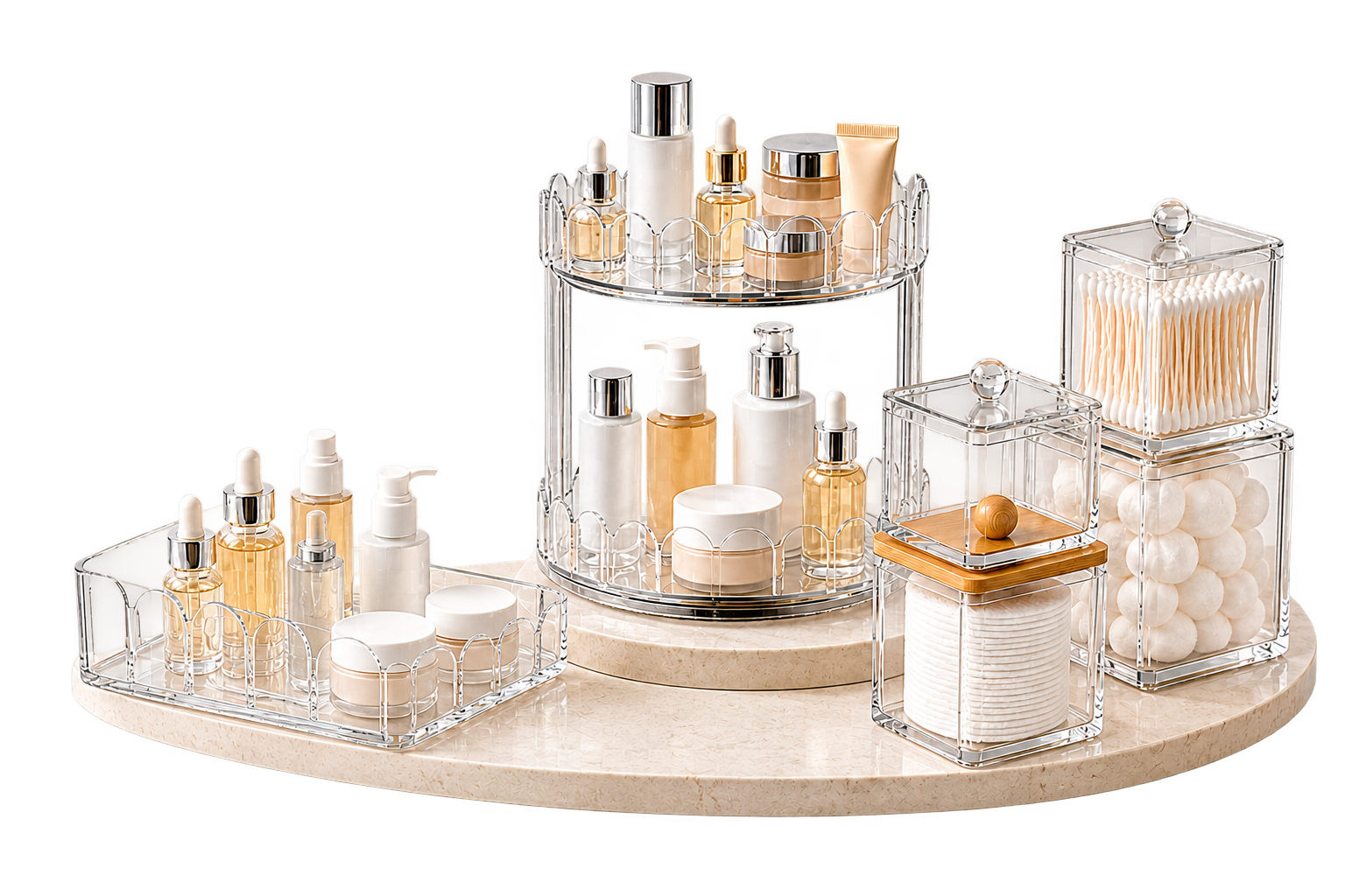 Clear cosmetic and household storage organizers arranged on a warm stone pedestal